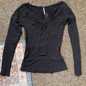 Free people black thermal top keyhole tie front with crochet detailing size: S